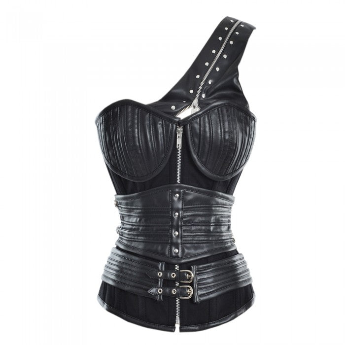 Pearce Black Gothic Corset With Shoulder Strap - Black Cotton Twill & Faux Leather Corset Dress Corsets Queen US-CA Pearce Black Gothic Corset With Shoulder Strap - Black Cotton Twill & Faux Leather Corset Dress Corsets Queen US-CA
