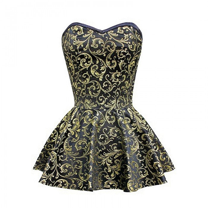 Buffon Gold & Black Peplum Corset Dress- Gold & Black Brocade Corset Top Corsets Queen US-CA Buffon Gold & Black Peplum Corset Dress- Gold & Black Brocade Corset Top Corsets Queen US-CA