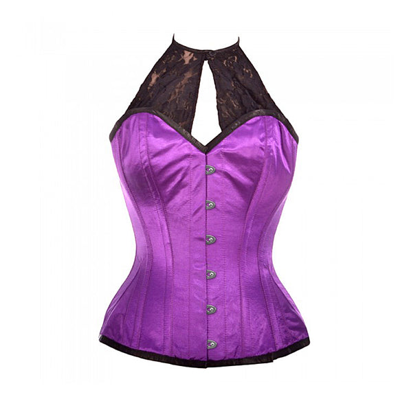 Perry Purple Satin Corset with Lace Halterneck - Corsets Queen US-CA