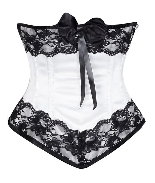 Cambriee White Satin Underbust Corset With Black Lace & Bow - Corsets Queen US-CA