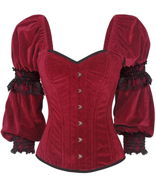 Phajnic Gothic Overbust Maroon Corset with Attached Sleeve - Corsets Queen US-CA