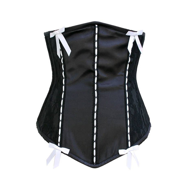 Pambriee Black Satin Underbust Corset With Black Net & Bow - Corsets Queen US-CA