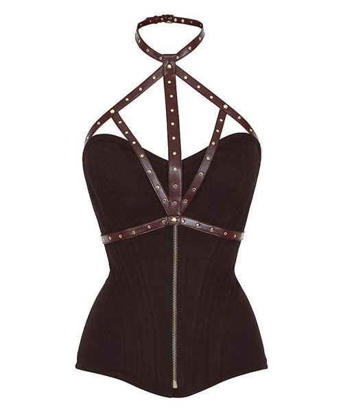 Bannruod Brown Cotton Overbust Corset With Neck Gear - Corsets Queen US-CA