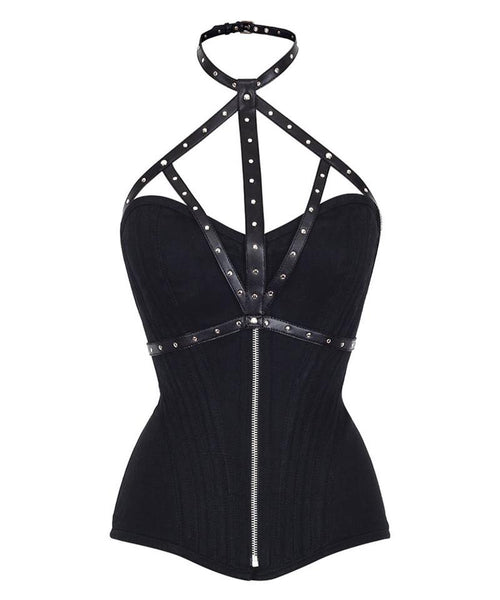 Ruess Black Cotton Overbust Corset With Neck Gear - Corsets Queen US-CA