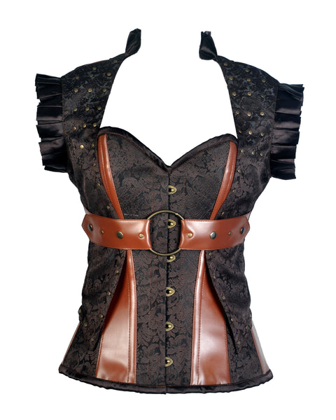 Harry Coffee Brown Brocade & Faux Leather Corset With Jacket - Corsets Queen US-CA