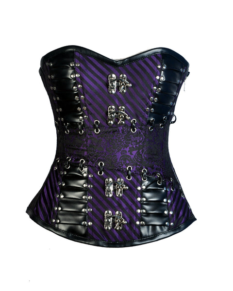 Gray Purple Brocade & Black Faux Leather Gothic Corset - Corsets Queen US-CA