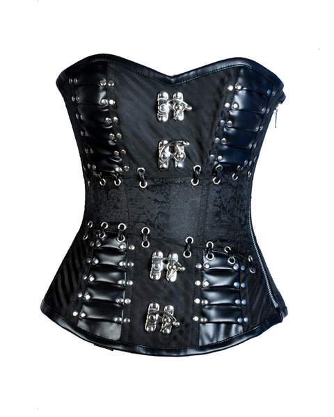 Teryy Black Brocade & Faux Leather Gothic Corset - Corsets Queen US-CA