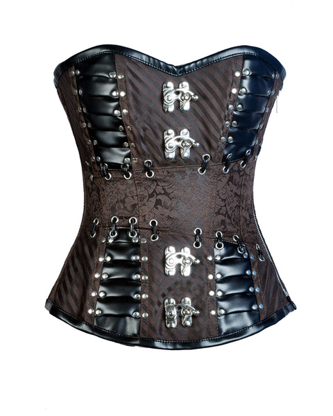 Lampard Coffee Brown Brocade & Faux Leather Steampunk Corset - Corsets Queen US-CA