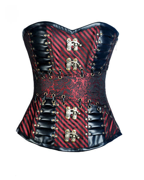 Keane Red Brocade & Faux Leather Gothic Corset - Corsets Queen US-CA