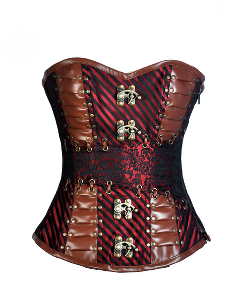 Loftus Red Brocade & Faux Leather Gothic Corset - Corsets Queen US-CA
