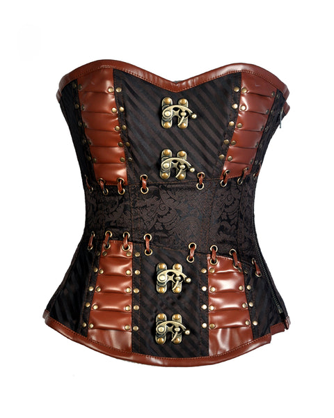Serry Coffee Brocade & Faux Leather Steampunk Corset - Corsets Queen US-CA