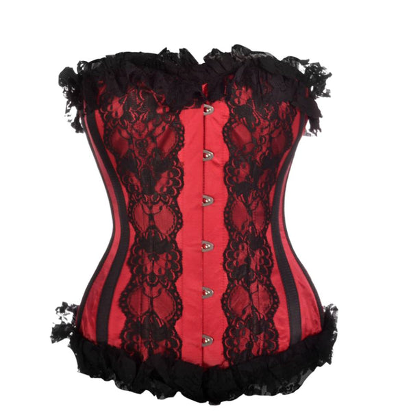 Reeves Red Satin Corset With lace Overlay & Frill - Corsets Queen US-CA