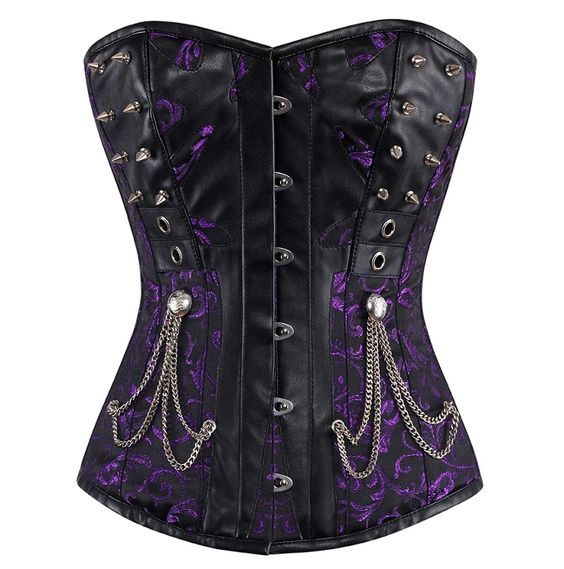 Toreria Purple Brocade & Black Faux Leather Gothic Corset - Corsets Queen US-CA