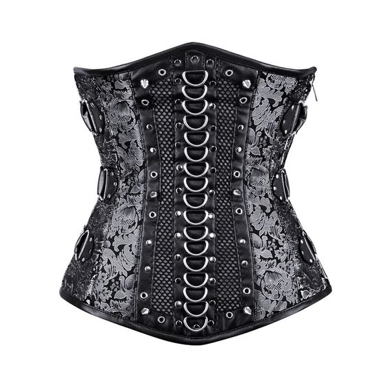 Zapata Silver Brocade Underbust Gothic Corset With Buckle - Corsets Queen US-CA