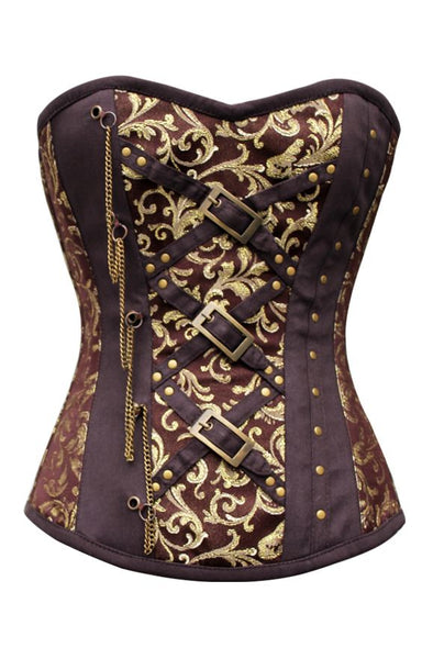 Kinko Coffee Gold Brocade Corset With Chain - Corsets Queen US-CA