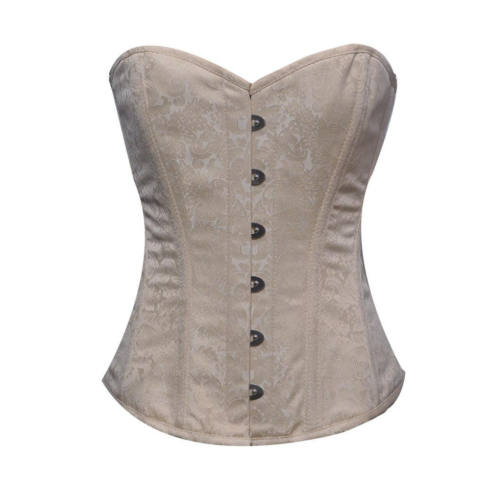Black Brocade Overbust Corset with Front Zip and Button Detailing