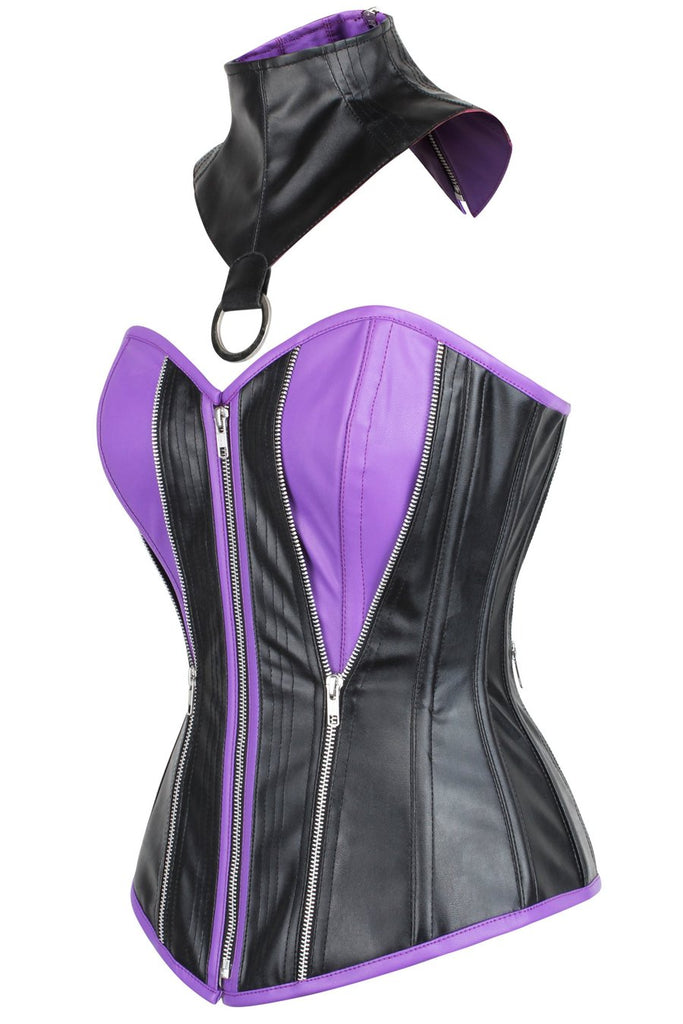 Champman Black & Purple Faux Leather Overbust Corset With Choker