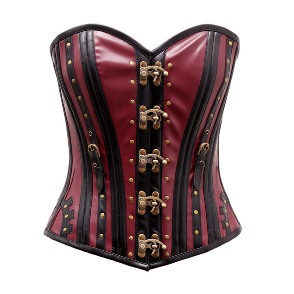 Sharbon Steampunk Corset In  Cherry & Black Sheep Nappa Leather - Corsets Queen US-CA