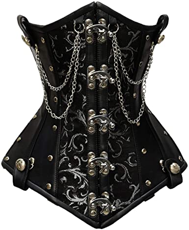 Goel Silver Brocade & Faux Leather Underbust Corset With Chain Details - Corsets Queen US-CA