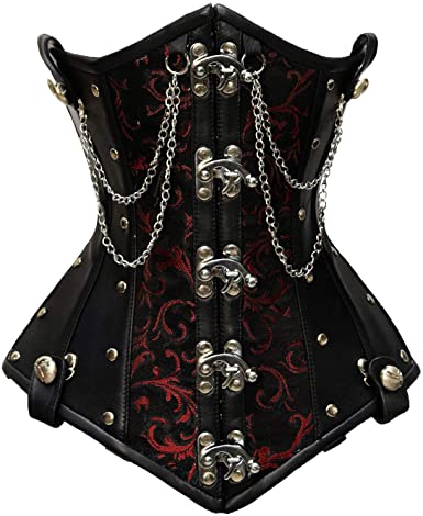 Flodin Red Brocade & Faux Leather Underbust Corset With Chain Details - Corsets Queen US-CA