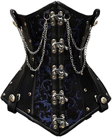 Rueber Blue Brocade & Faux Leather Underbust Corset With Chain Details - Corsets Queen US-CA