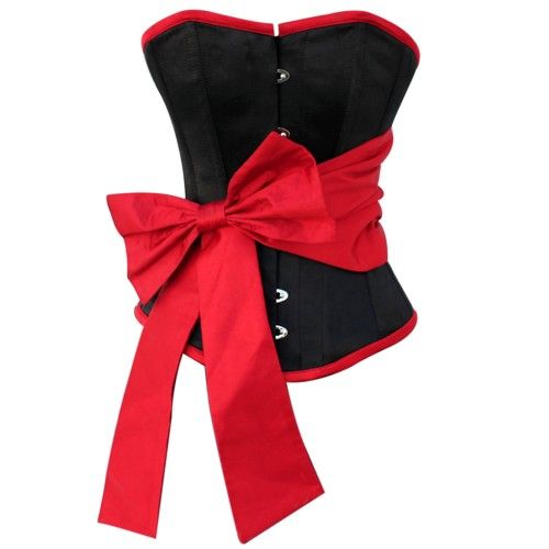 Chelsi Black Overbust Corset With Red Sash Bow - Corsets Queen US-CA