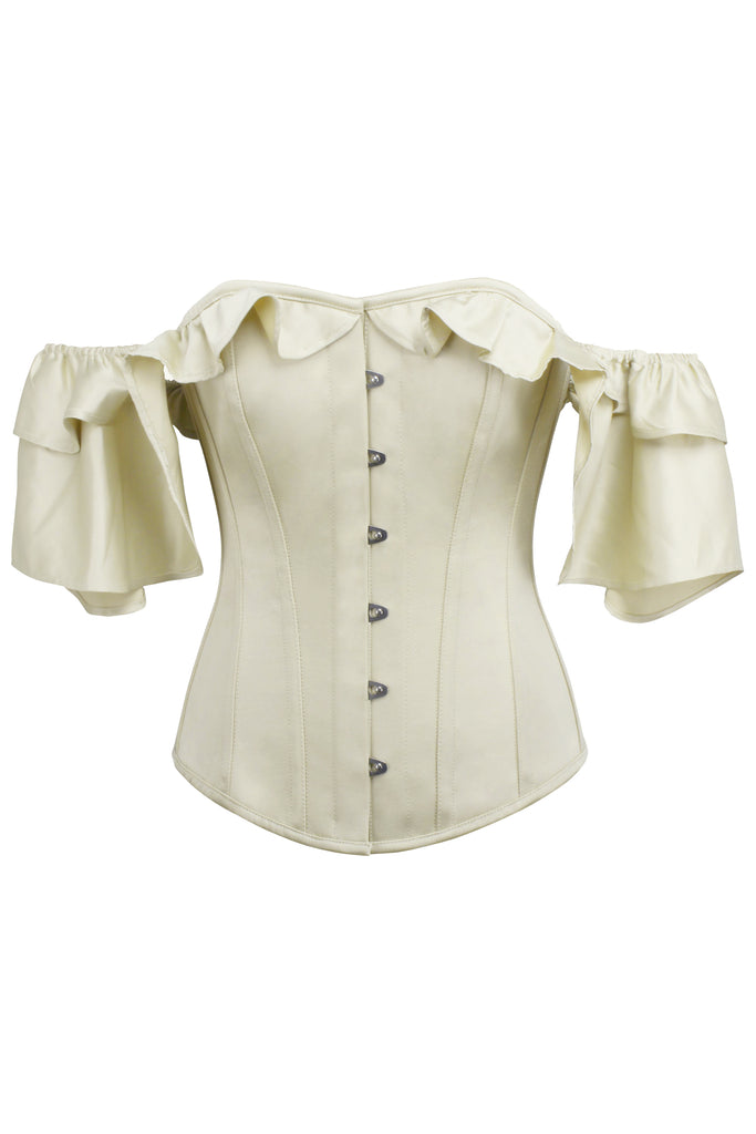 Earps Ivory Satin Corset With Off The Shoulder Frilled Sleeves - Corsets Queen US-CA