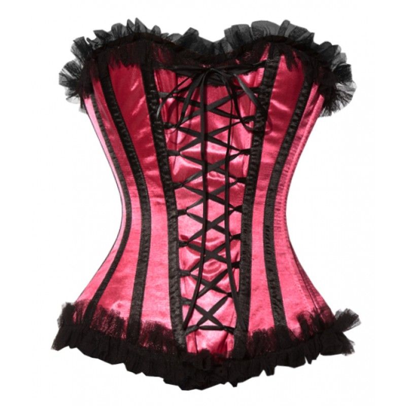 Brunilda Magenta Corset with Black Tulle Trim and Criss Cross Ribbon - Corsets Queen US-CA