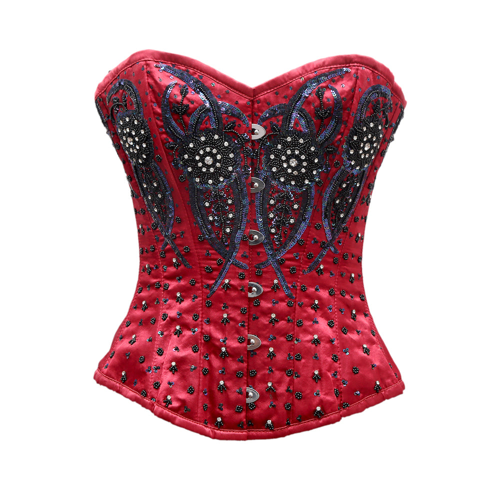 Yow Red Satin Satin Embroidery Overbust Corset - Corsets Queen US-CA