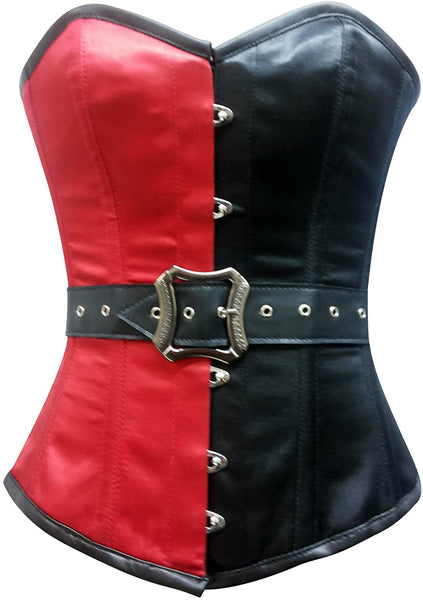 Traore Red & Black Satin Steampunk Overbust Corset With Belt - Corsets Queen US-CA
