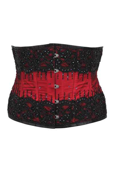 Jesiah Overbust Corset- Red Brocade With Black Velvet Overbust Corset Dress  – Korsetts Konigin DE