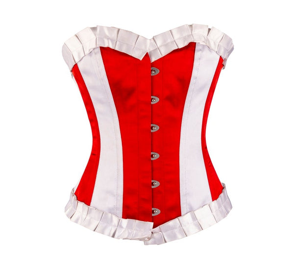 Renyer Red & White Satin Overbust Corset With Frill - Corsets Queen US-CA