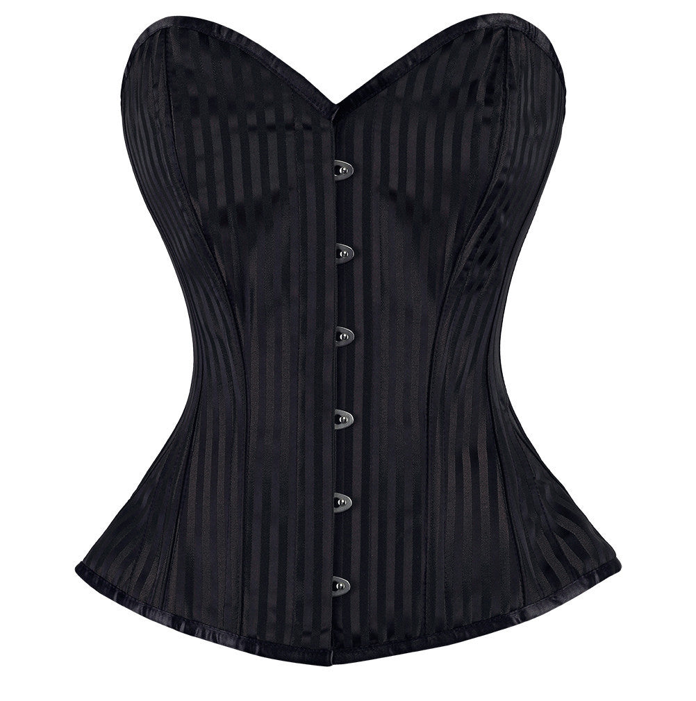 Black Brocade Overbust Corset with Front Zip and Button Detailing