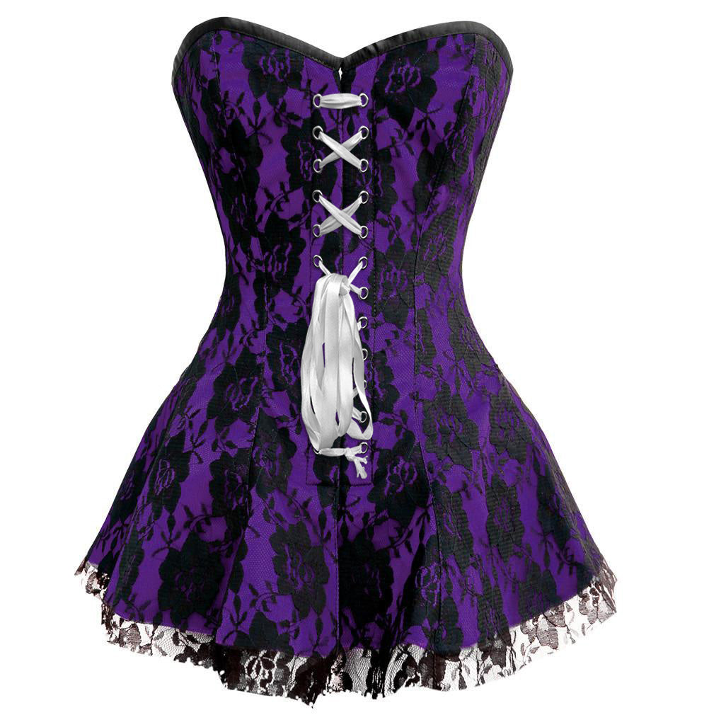 purple and black corset dress Victorian-Inspired Gothic Purple and Black Lace Corset Dress with High-Low Skirt Gothic Prom Dress with Long Sleeves Plus Size