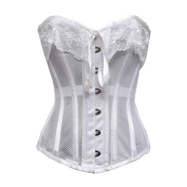 Nevis White Mesh & White Satin Lace Overbust Corset - Corsets Queen US-CA