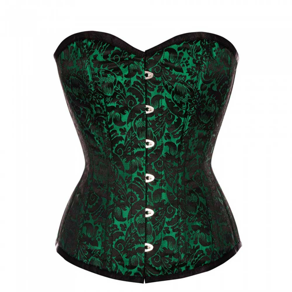 ELEGANT GREEN/BLACK BRO-100- Green Brocade Overbust Corset Dress For Sale Corsets Queen US-CA ELEGANT GREEN/BLACK BRO-100- Green Brocade Overbust Corset Dress For Sale Corsets Queen US-CA